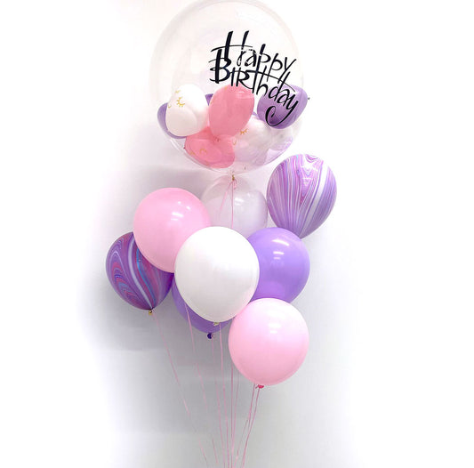 Purple and pink happy birthday aqua clear balloon bouquet